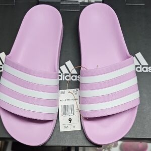 Adidas Lavender Slides with White Stripes
